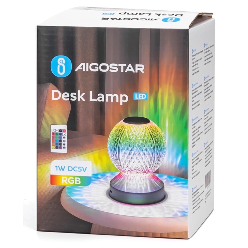 Aigostar - Dimmbare aufladbare LED-RGB-Tischlampe LED/1W/5V 1800mAh 13,5 cm + Fernbedienung