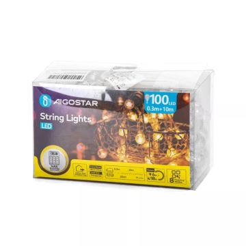 Aigostar - LED-Weihnachtslichterkette für den Außenbereich 100xLED/3xAA/8 Funktionen 10,3 m IP44 warmweiβ