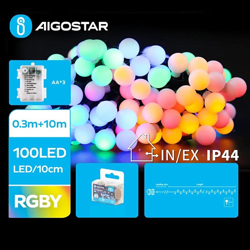 Aigostar - LED-RGBY-Weihnachtslichterkette für den Außenbereich 100xLED/3xAA/8 Funktionen 10,3 m IP44