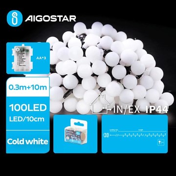 Aigostar - LED-Weihnachtslichterkette für den Außenbereich 100xLED/3xAA/8 Funktionen 10,3 m IP44 kaltweiß