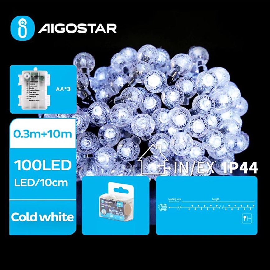 Aigostar - LED-Weihnachtslichterkette für den Außenbereich 100xLED/3xAA/8 Funktionen 10,3 m IP44 kaltweiß