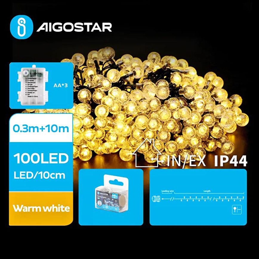 Aigostar - LED-Weihnachtslichterkette für den Außenbereich 100xLED/3xAA/8 Funktionen 10,3 m IP44 warmweiβ