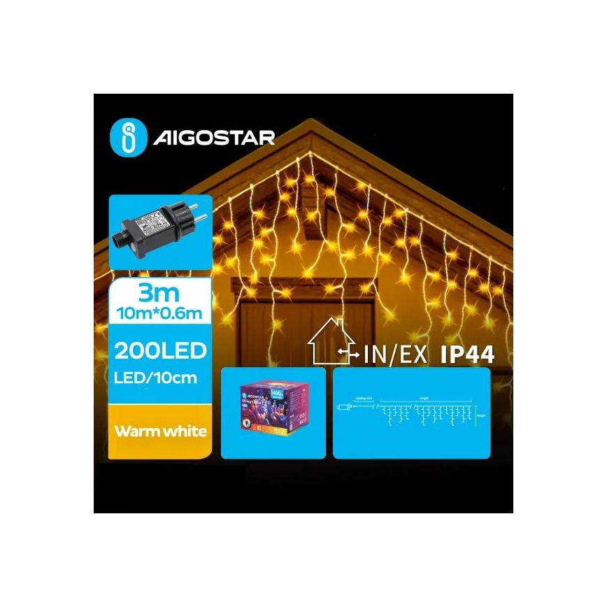 Aigostar - LED-Weihnachtslichterkette für den Außenbereich 200xLED/8 Funktionen 13x0,6m IP44 warmweiβ