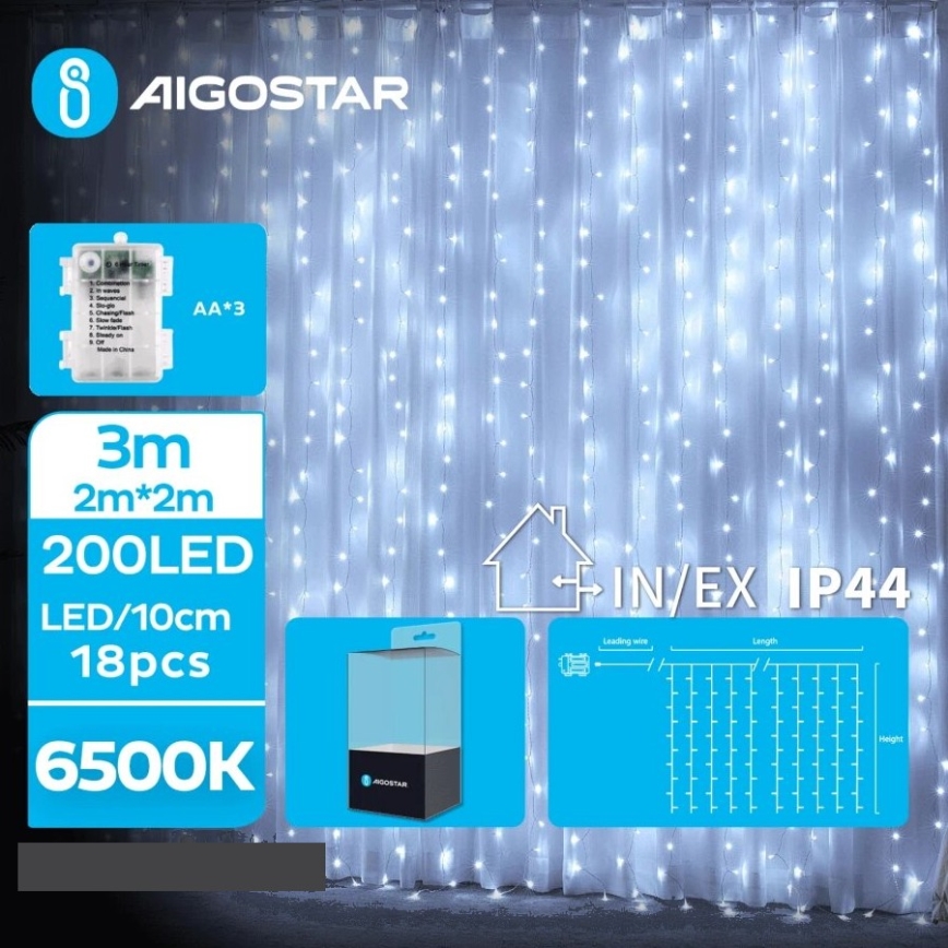 Aigostar - LED-Weihnachtslichterkette für den Außenbereich 200xLED/8 Funktionen 3xAA 5x2m IP44 kaltweiß