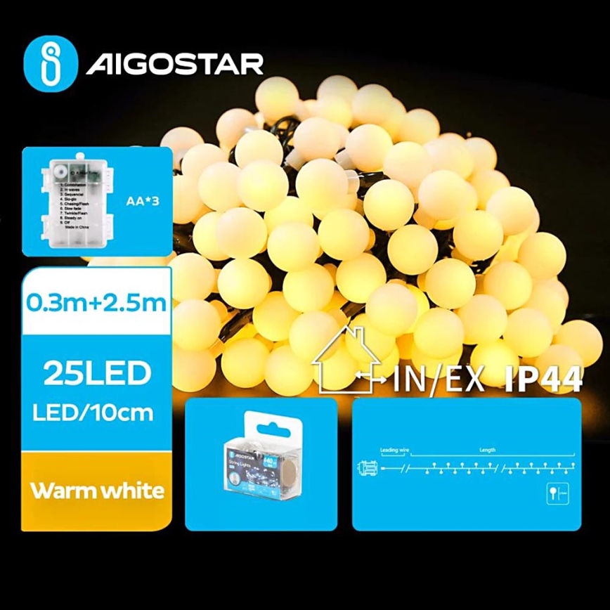 Aigostar-LED-Weihnachtslichterkette für den Außenbereich 25xLED/3xAA/8 Funktionen 2,8 m IP44 warmweiβ