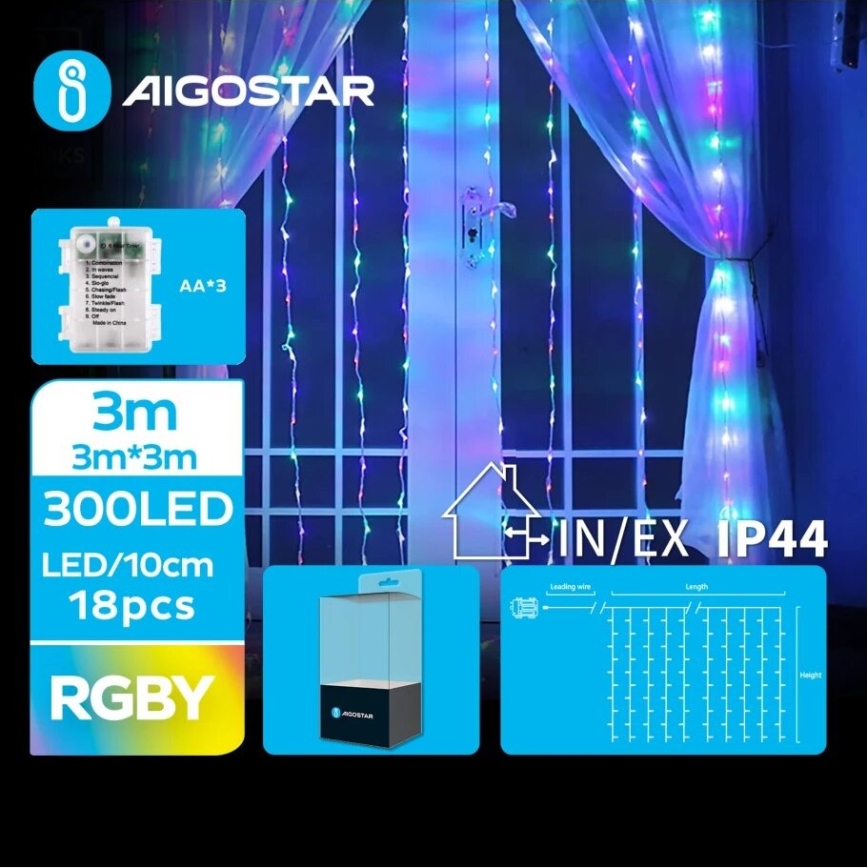 Aigostar - LED-Weihnachtslichterkette für den Außenbereich 300xLED/8 Funktionen 3xAA 6x3m IP44 mehrfarbig