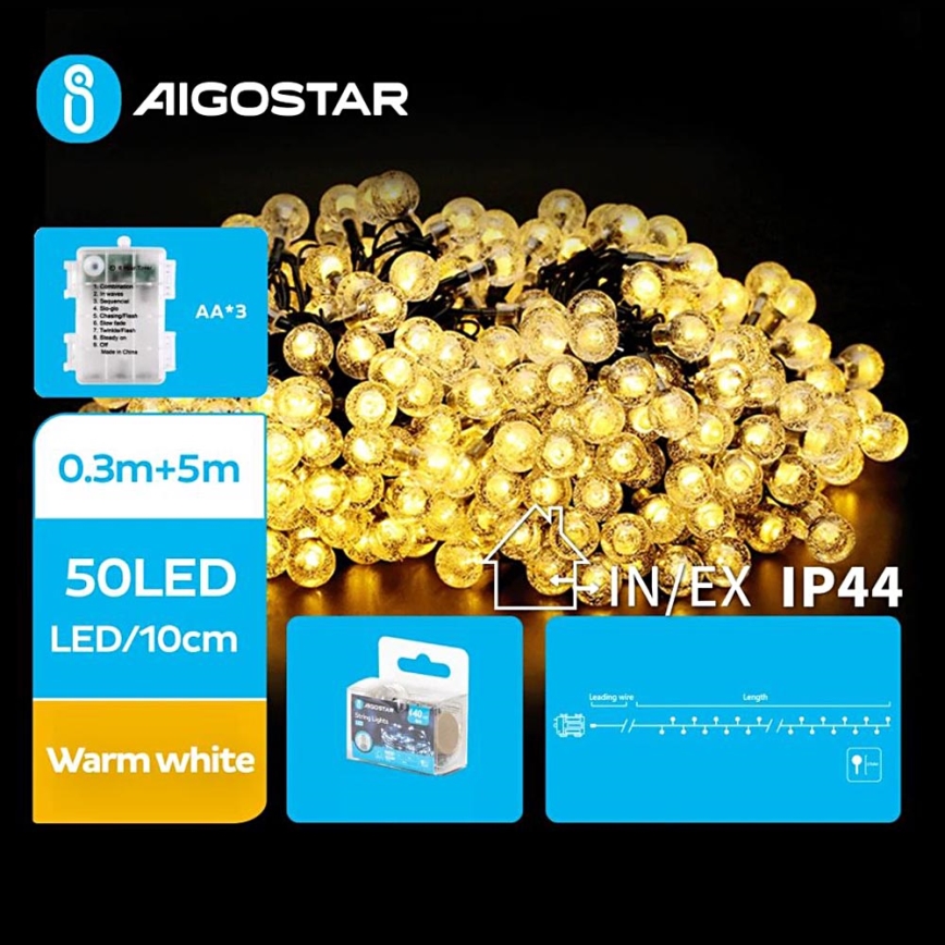 Aigostar - LED-Weihnachtslichterkette für den Außenbereich 50xLED/3xAA/8 Funktionen 5,3 m IP44 warmweiβ