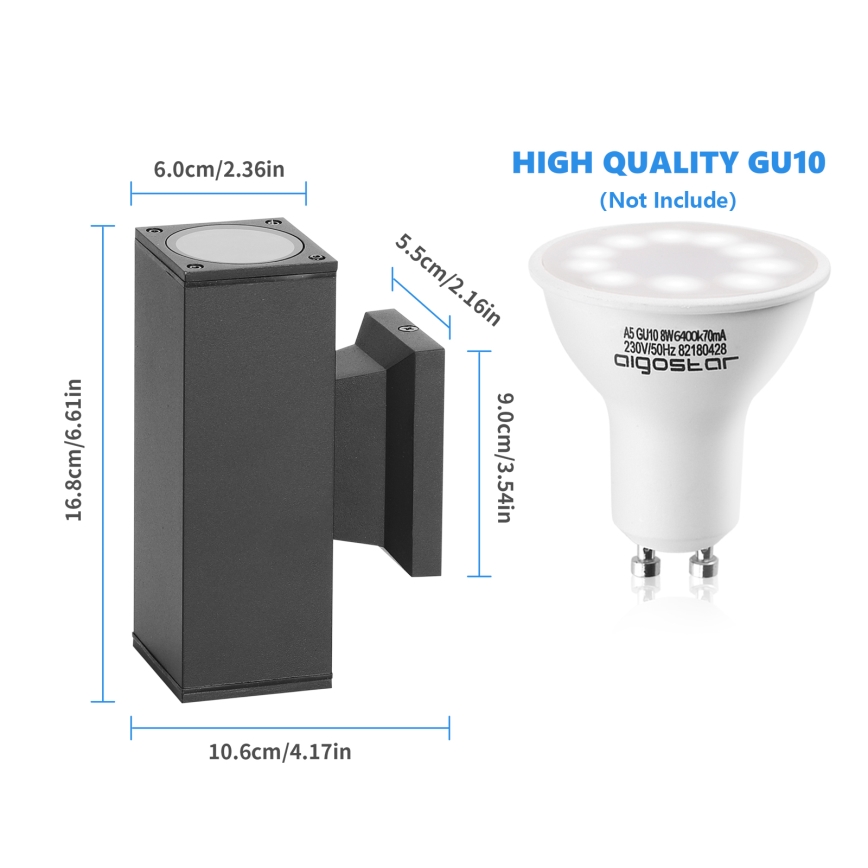 Aigostar - Outdoor-Wandleuchte 2xGU10/230V schwarz IP65 eckig