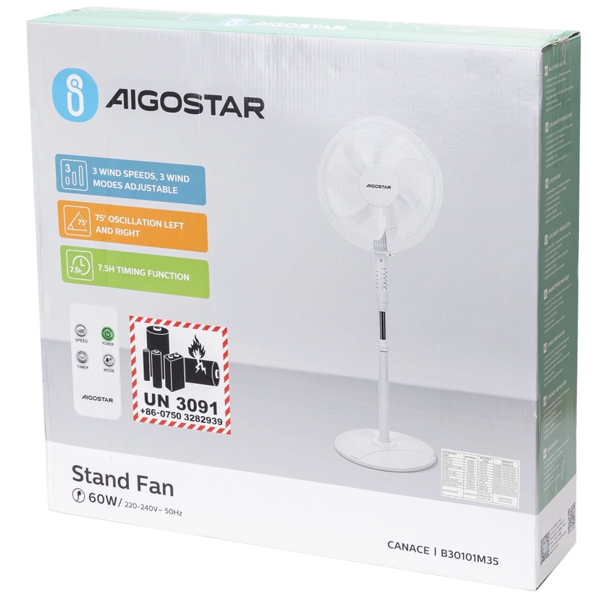 Aigostar - Standventilator 60W/230V weiß + Fernbedienung