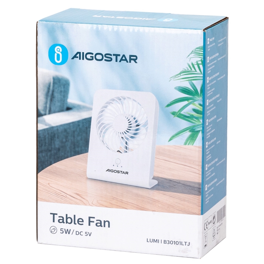 Aigostar - Tischventilator 5W/5V weiß