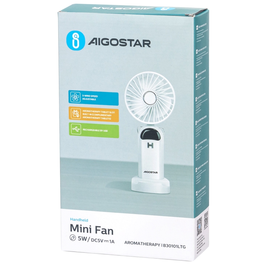 Aigostar - Wiederaufladbarer Handventilator 4W/5V 1200mAh weiß