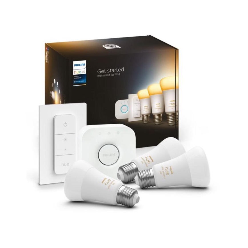 Basis-Set Philips Hue White Ambiance 3xE27/8W 2200-6500K + Verbindungsgerät und Fernbedienung