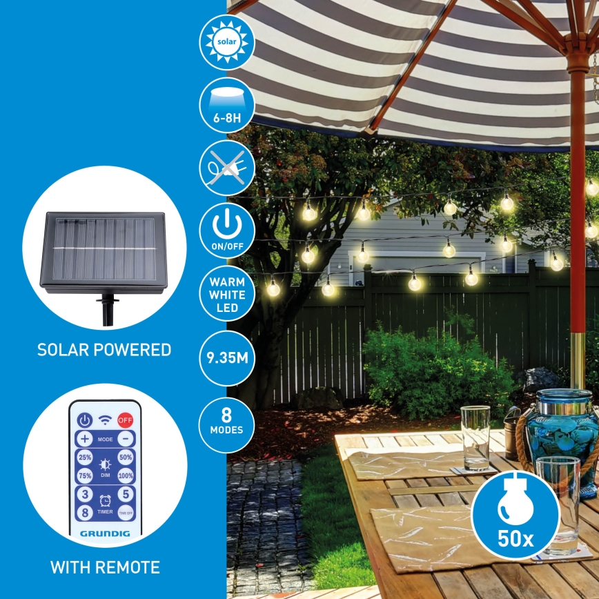 Grundig - Dimmbare LED-Solar-Lichterkette 50xLED/8 Funktionen 9,35m warmweiβ + Fernbedienung