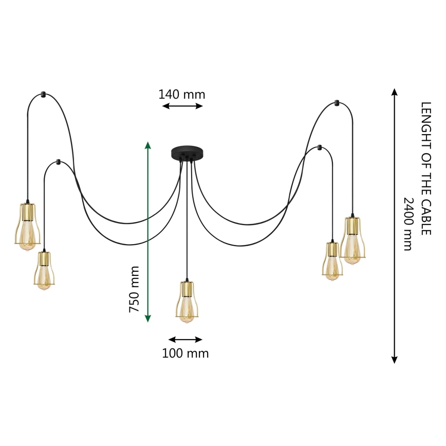 Hängeleuchte an Schnur TUBE LONG 5xE27/15W/230V schwarz/golden