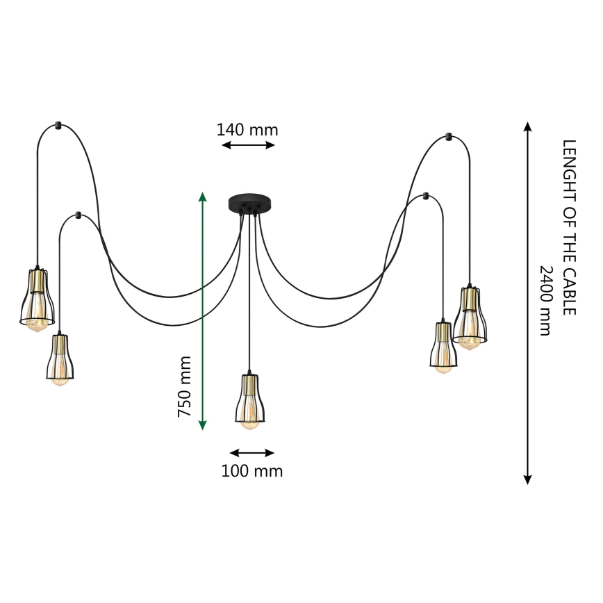 Hängeleuchte an Schnur TUBE LONG 5xE27/15W/230V schwarz/golden