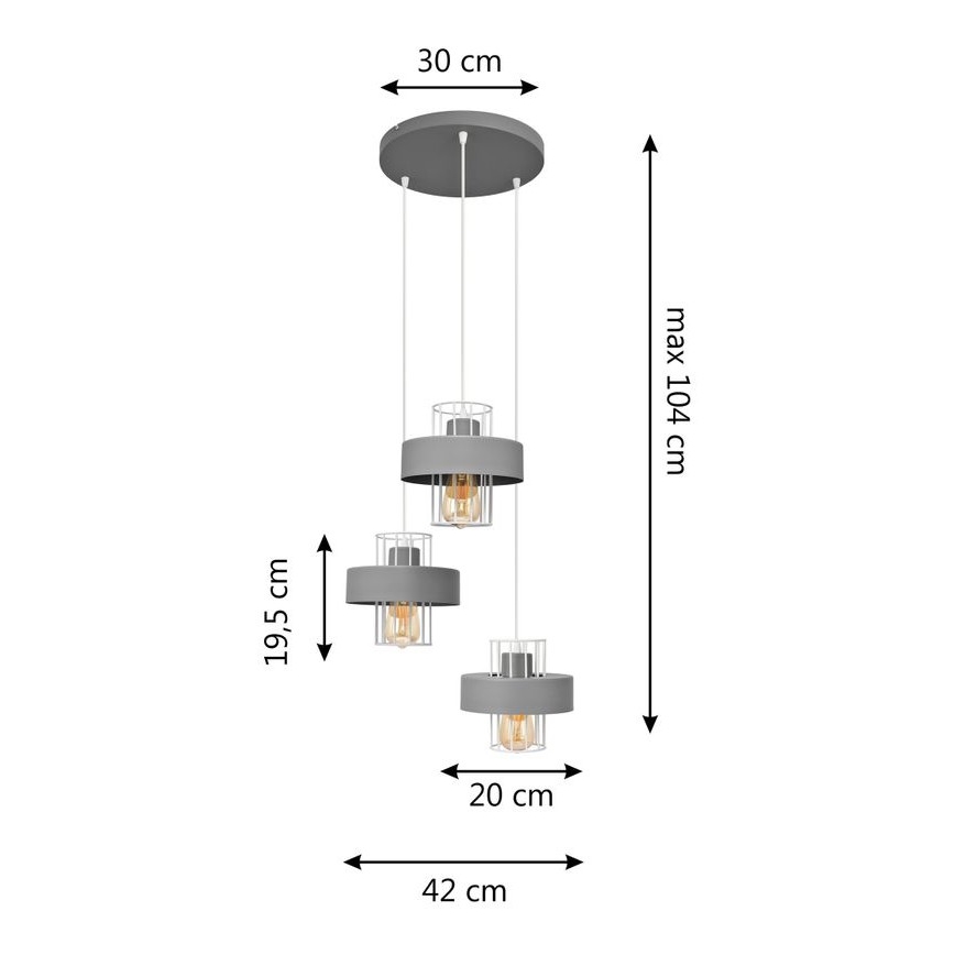 Hängeleuchte an Schnur VOLTA 3xE27/60W/230V Durchmesser 42 cm grau