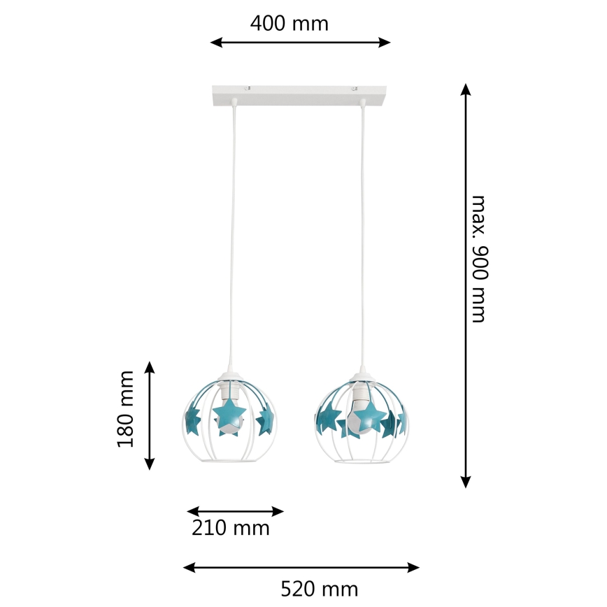 Kinder-Pendelleuchte an Schnur STARS 2xE27/15W/230V türkisfarben/weiß