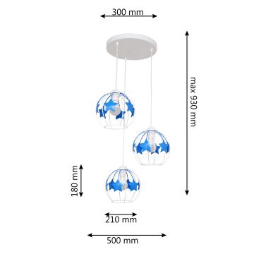 Kinder-Pendelleuchte an Schnur STARS 3xE27/15W/230V blau/weiß