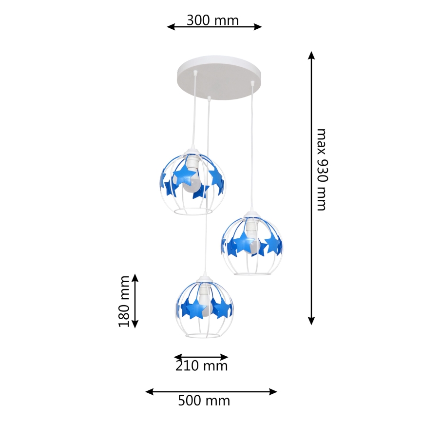 Kinder-Pendelleuchte an Schnur STARS 3xE27/15W/230V blau/weiß