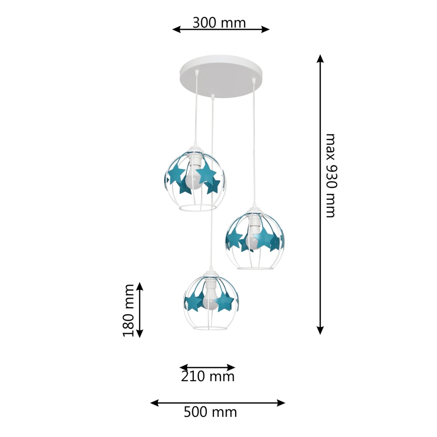 Kinder-Pendelleuchte an Schnur STARS 3xE27/15W/230V türkisfarben/weiß