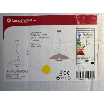 Lampenwelt - Dimmbare LED-RGBW-Hängeleuchte an Schnur ARTHUR 1xE27/10W/230V Wi-Fi