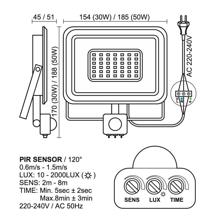 LED-Außenstrahler mit Sensor LED/50W/230V 4000K IP44 schwarz