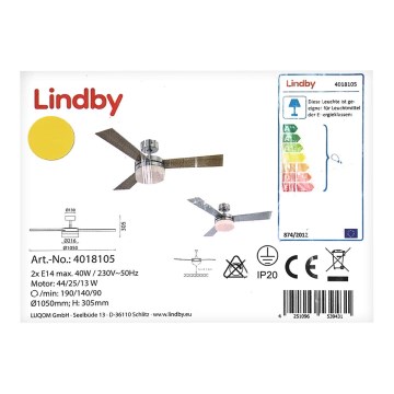 Lindby - Deckenventilator ALVIN 2xE14/40W/230V + Fernbedienung