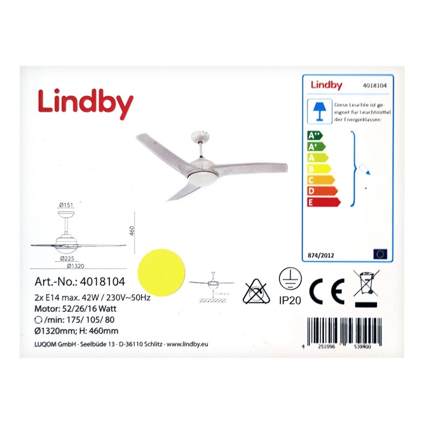 Lindby - Deckenventilator EMANUEL 2xE14/42W/230V + Fernbedienung