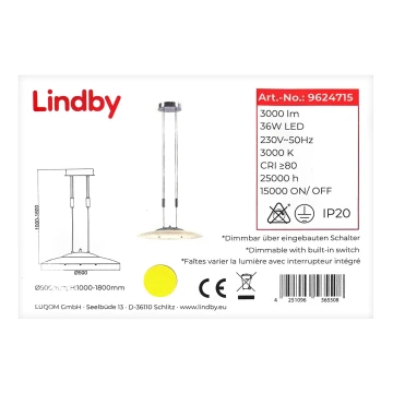 Lindby - Dimmbare LED-Hängeleuchte an Schnur AMIDALA LED/36W/230V