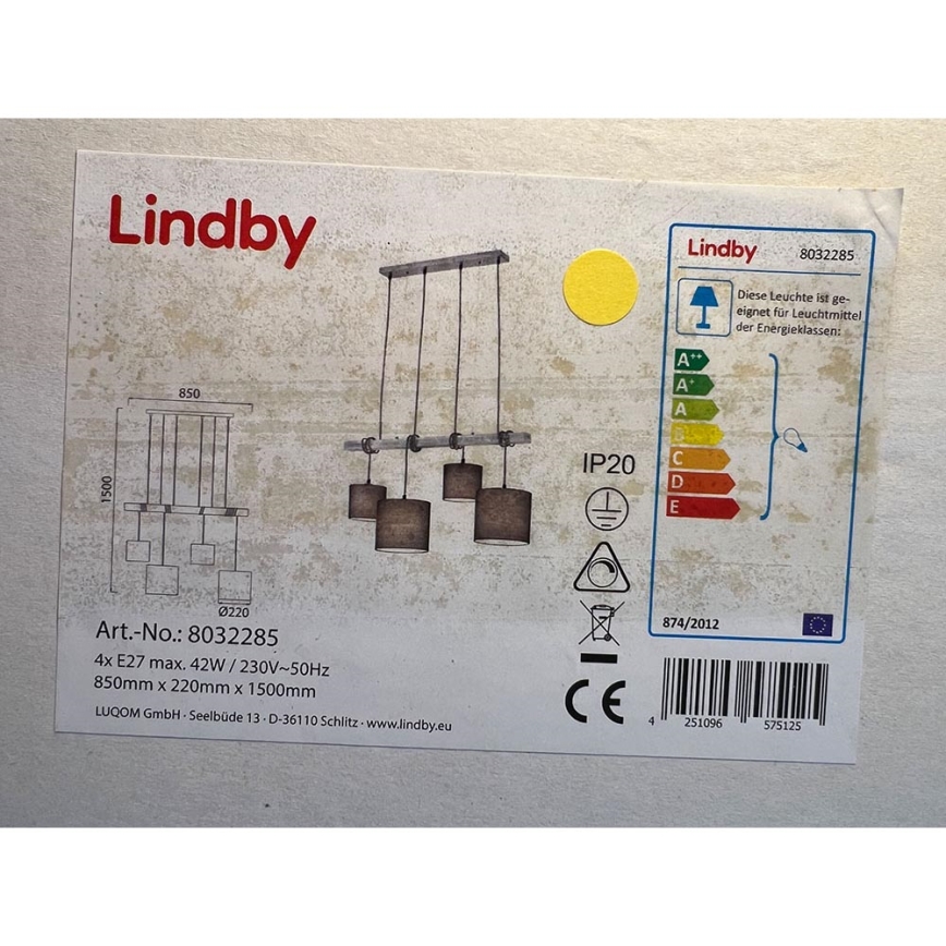 Lindby - Hängeleuchte an Schnur RUKAIA 4xE27/42W/230V