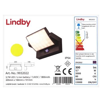 Lindby - LED-Solarwandleuchte mit Sensor SHERIN LED/3,7W/3,7V IP54