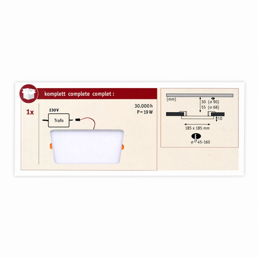 Paulmann 92395 - LED/17W IP44 Badezimmereinbauleuchte VARIFIT 230V