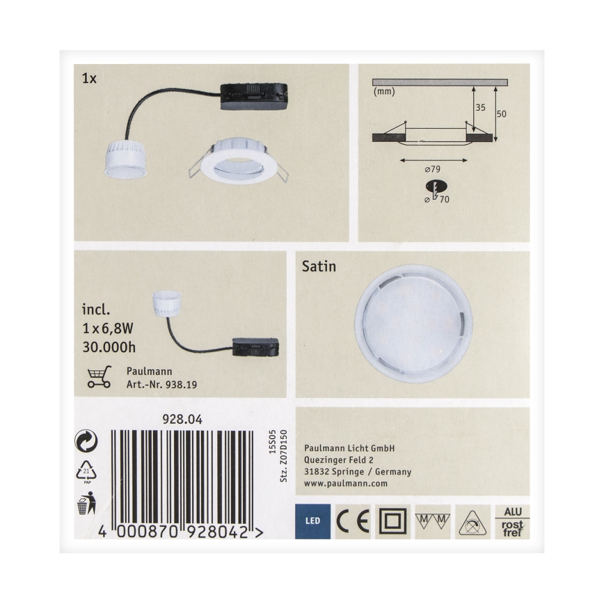 Paulmann 92804 - LED/6,8W IP44 Badezimmer-Einbauleuchte COIN 230V