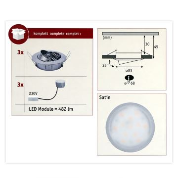 Paulmann 93966 - SET 3xLED/7W IP23 Dimmbare Badeinbauleuchte COIN 230V