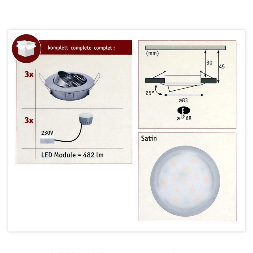 Paulmann 93966 - SET 3xLED/7W IP23 Dimmbare Badeinbauleuchte COIN 230V