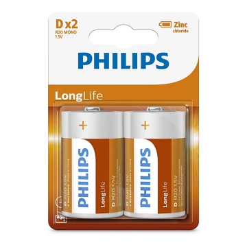 Philips R20L2B/10 - 2 Stück Zinkchlorid-Batterien D LONGLIFE 1,5V 5000mAh