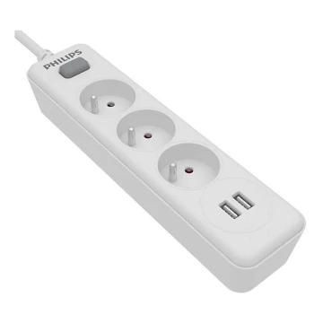 Philips SPN3032WA/60 - Verlängerungskabel mit Schalter 3Z + 2xUSB-A 2m weiß