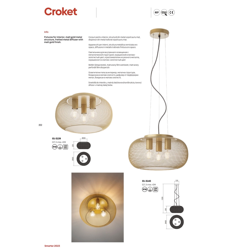 Redo 01-3140 - Hängeleuchte an Schnur CROKET 3xE27/42W/230V d 40 cm golden