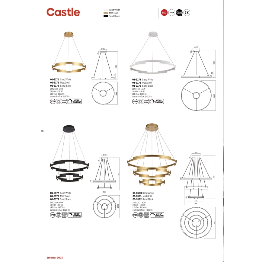 Redo 01-3172 - Dimmbare LED-Hängeleuchte an Schnur CASTLE LED/36W/230V golden