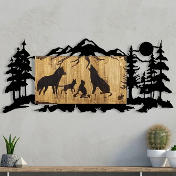 Wanddekoration 108x47 cm Wolfsfamilie Holz/Metall